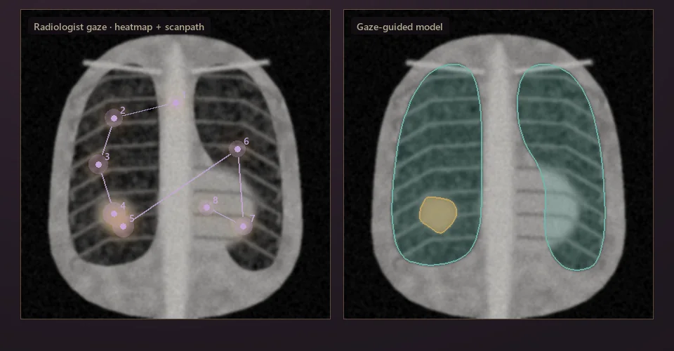 Illustration: chest X-ray with a radiologist's gaze heatmap and numbered scanpath, beside a model's lung and lesion segmentation guided by that gaze.