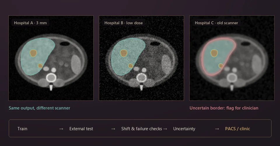 Illustration: the same liver segmentation on scans from three hospitals, one with an uncertain border flagged for review, above a pipeline from training to the clinic.