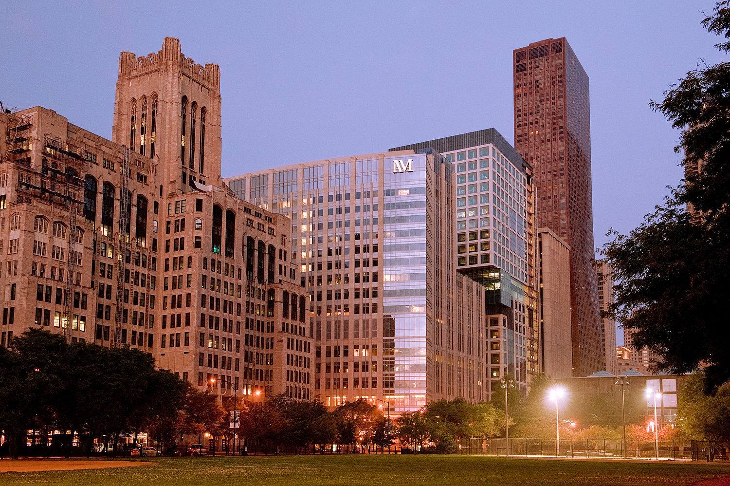 The Chicago campus towers at dusk